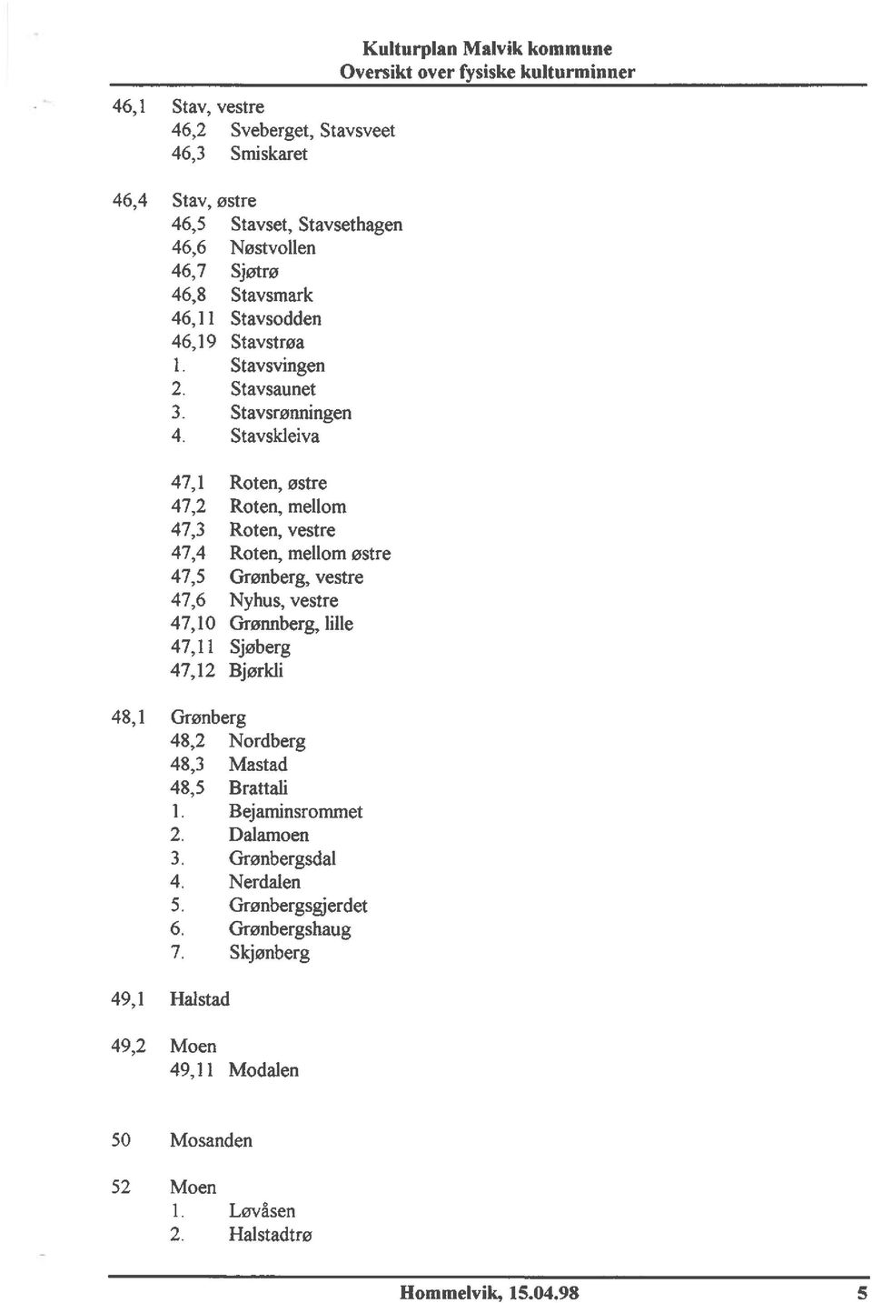 Stavskleiva 47,1 Roten, østre 47,2 Roten, mellom 47,3 Roten, vestre 47,4 Roten, mellom østre 47,5 Grønberg, vestre 47,6 Nyhus, vestre 47,10 Grønnberg, lille 47,11 Sjøberg 47,12