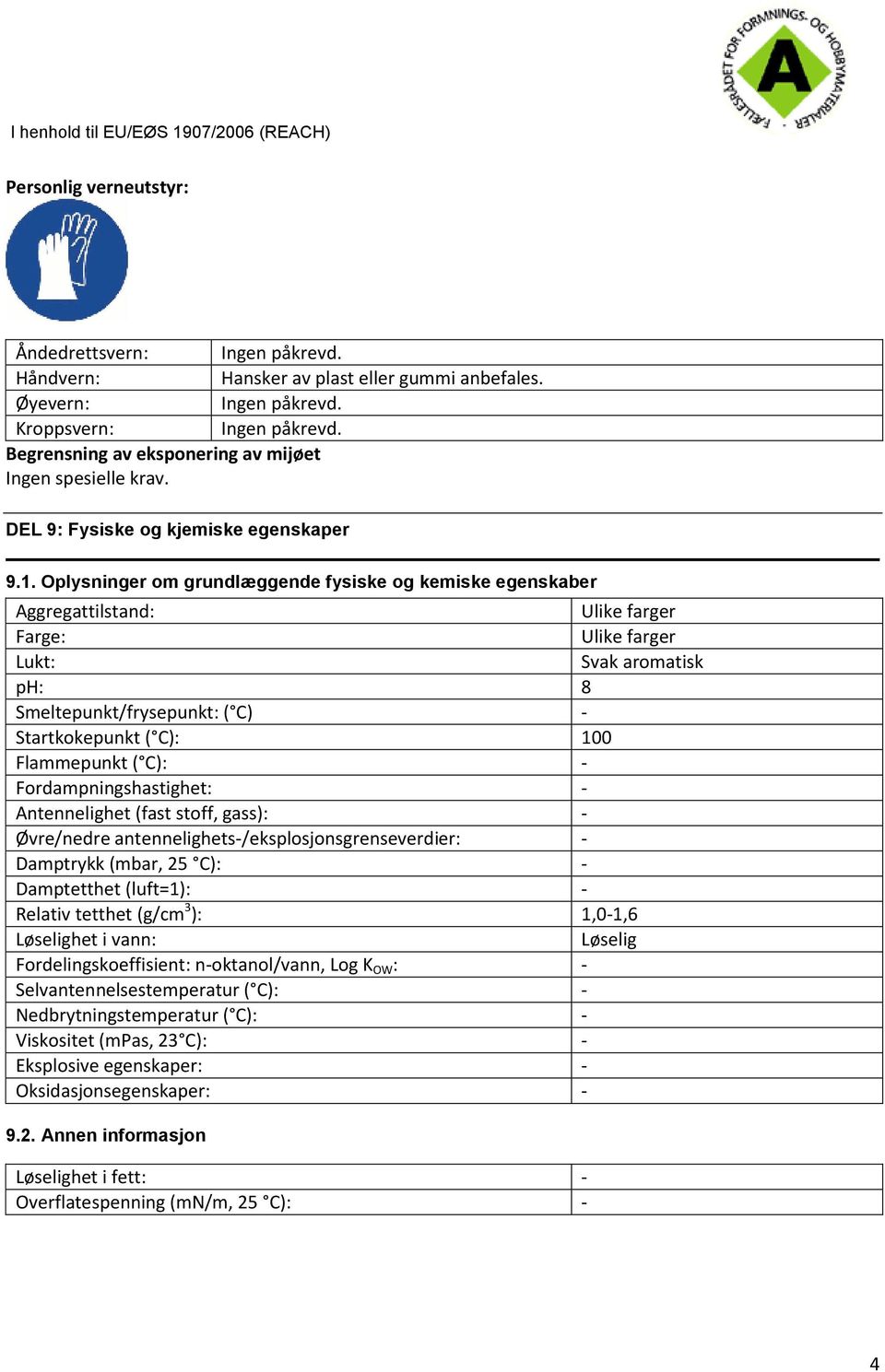 Oplysninger om grundlæggende fysiske og kemiske egenskaber Aggregattilstand: Ulike farger Farge: Ulike farger Lukt: Svak aromatisk ph: 8 Smeltepunkt/frysepunkt: ( C) Startkokepunkt ( C): 100