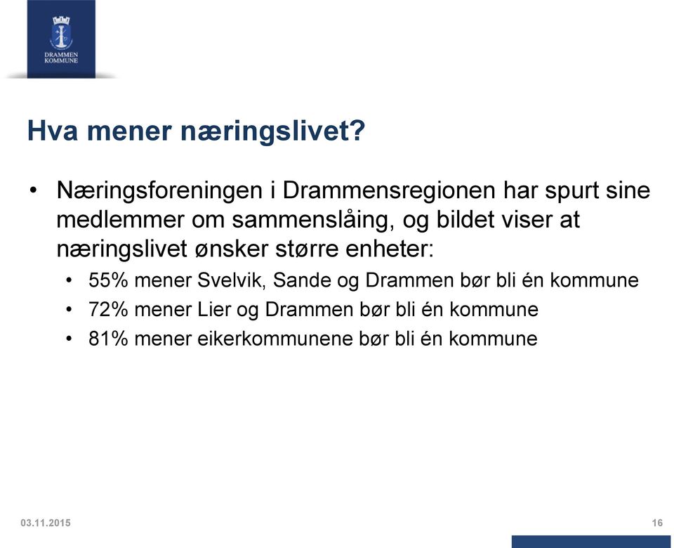 og bildet viser at næringslivet ønsker større enheter: 55% mener Svelvik,