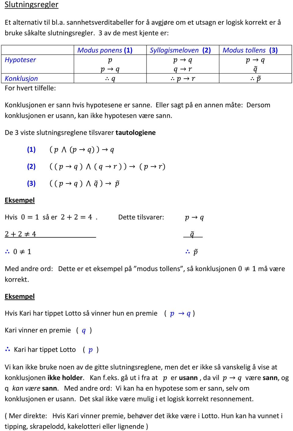 Eller sagt på en annen måte: Dersom konklusjonen er usann, kan ikke hypotesen være sann. De 3 viste slutningsreglene tilsvarer tautologiene (1) (2) (3) Hvis så er.