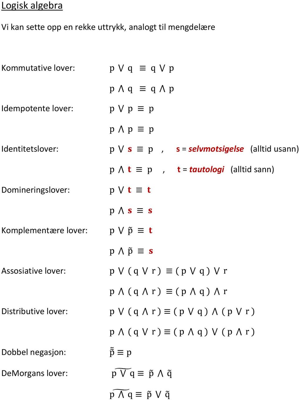 (alltid usann) Domineringslover:, t = tautologi (alltid sann) Komplementære