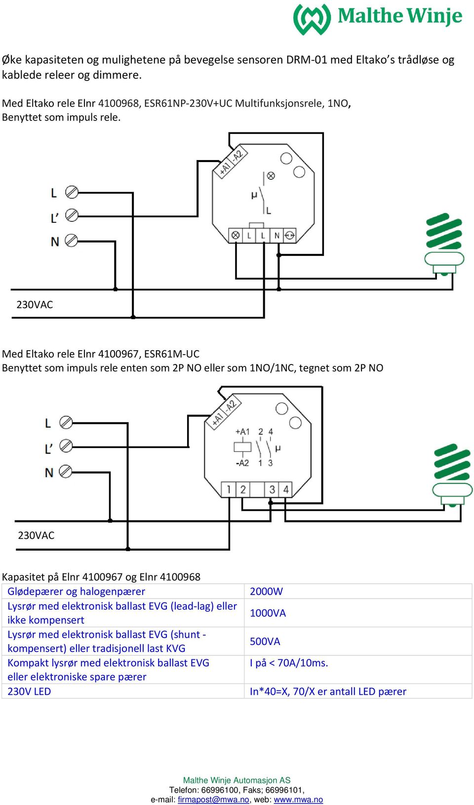 Med Eltako rele Elnr 4100967, ESR61M UC Benyttet som impuls rele enten som 2P NO eller som 1NO/1NC, tegnet som 2P NO Kapasitet på Elnr 4100967 og Elnr 4100968 Glødepærer og