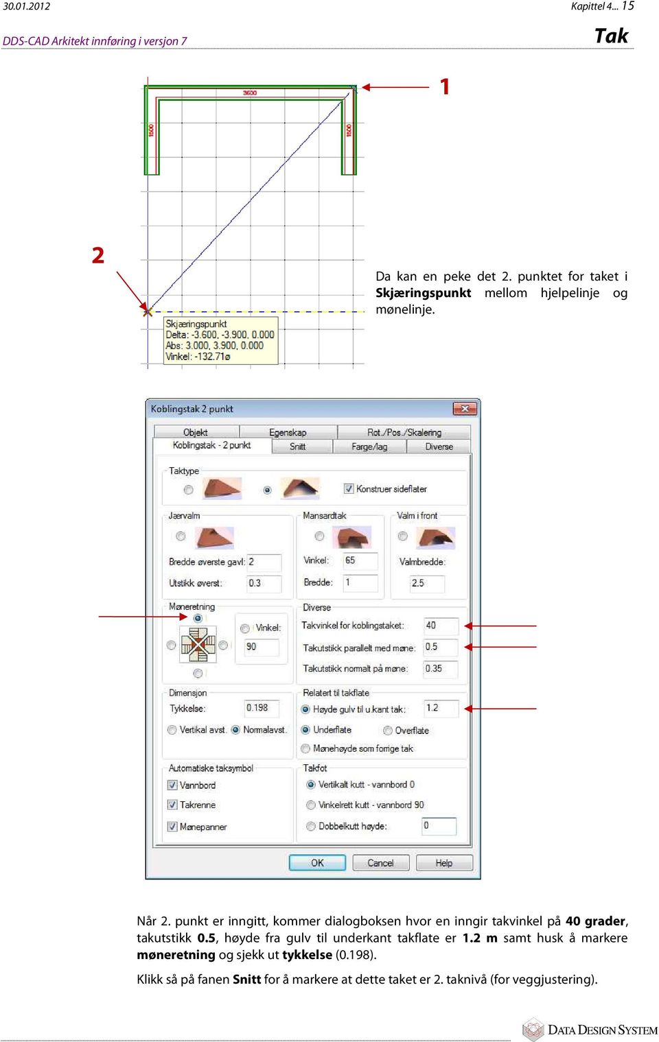 punkt er inngitt, kommer dialogboksen hvor en inngir takvinkel på 40 grader, takutstikk 0.