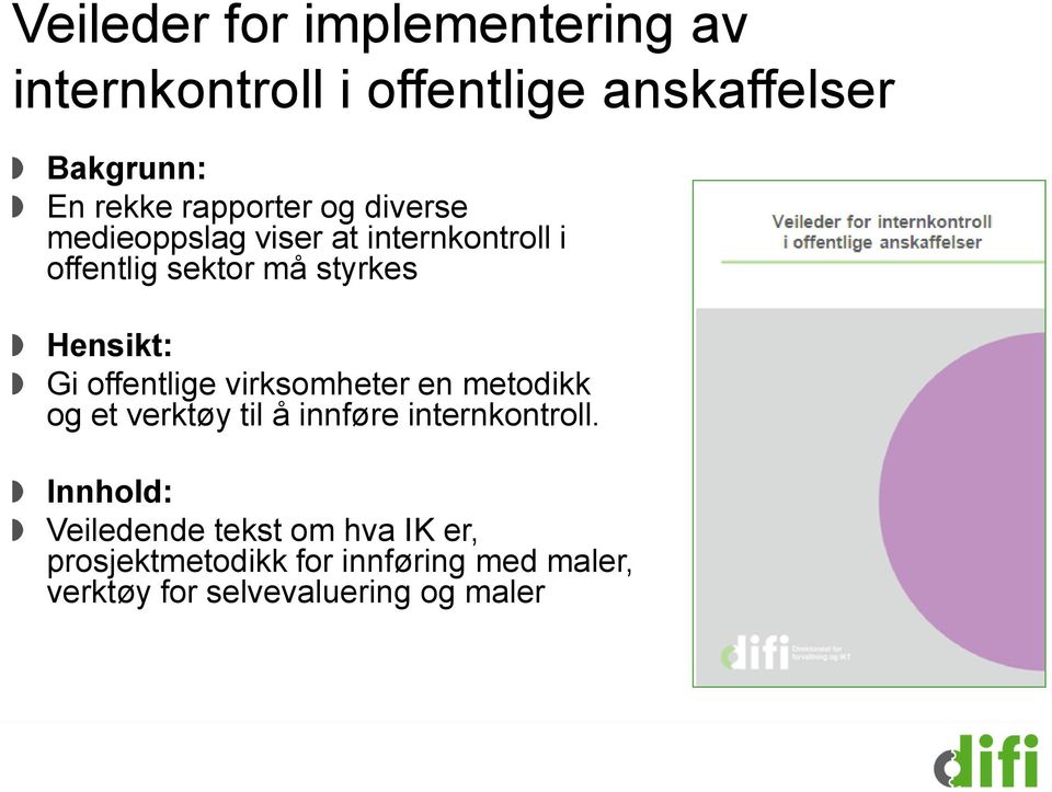 Gi offentlige virksomheter en metodikk og et verktøy til å innføre internkontroll.