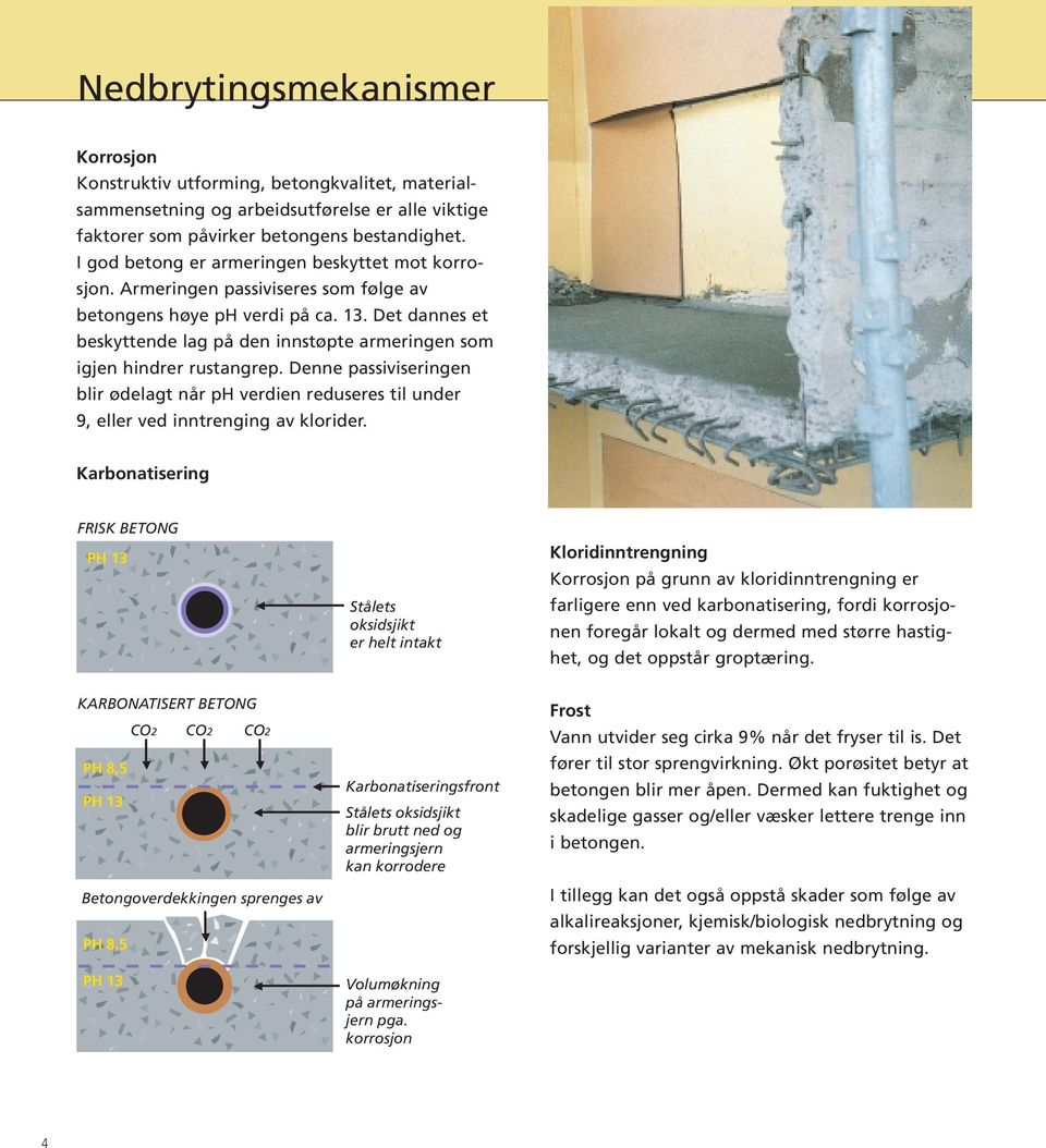 Det dannes et beskyttende lag på den innstøpte armeringen som igjen hindrer rustangrep. Denne passiviseringen blir ødelagt når ph verdien reduseres til under 9, eller ved inntrenging av klorider.