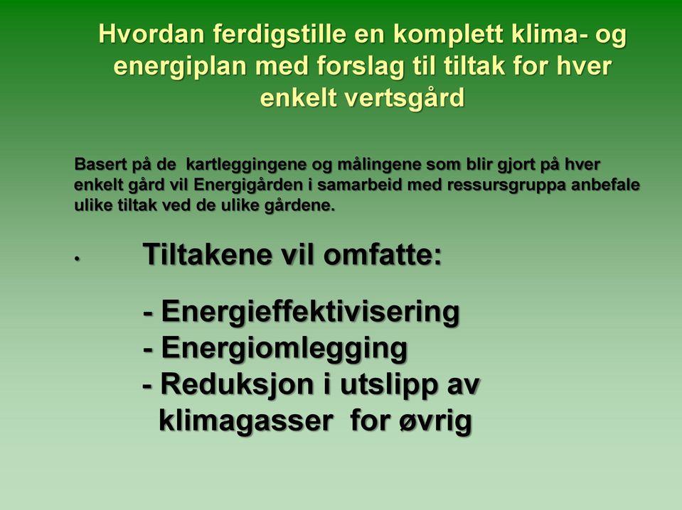 Energigården i samarbeid med ressursgruppa anbefale ulike tiltak ved de ulike gårdene.