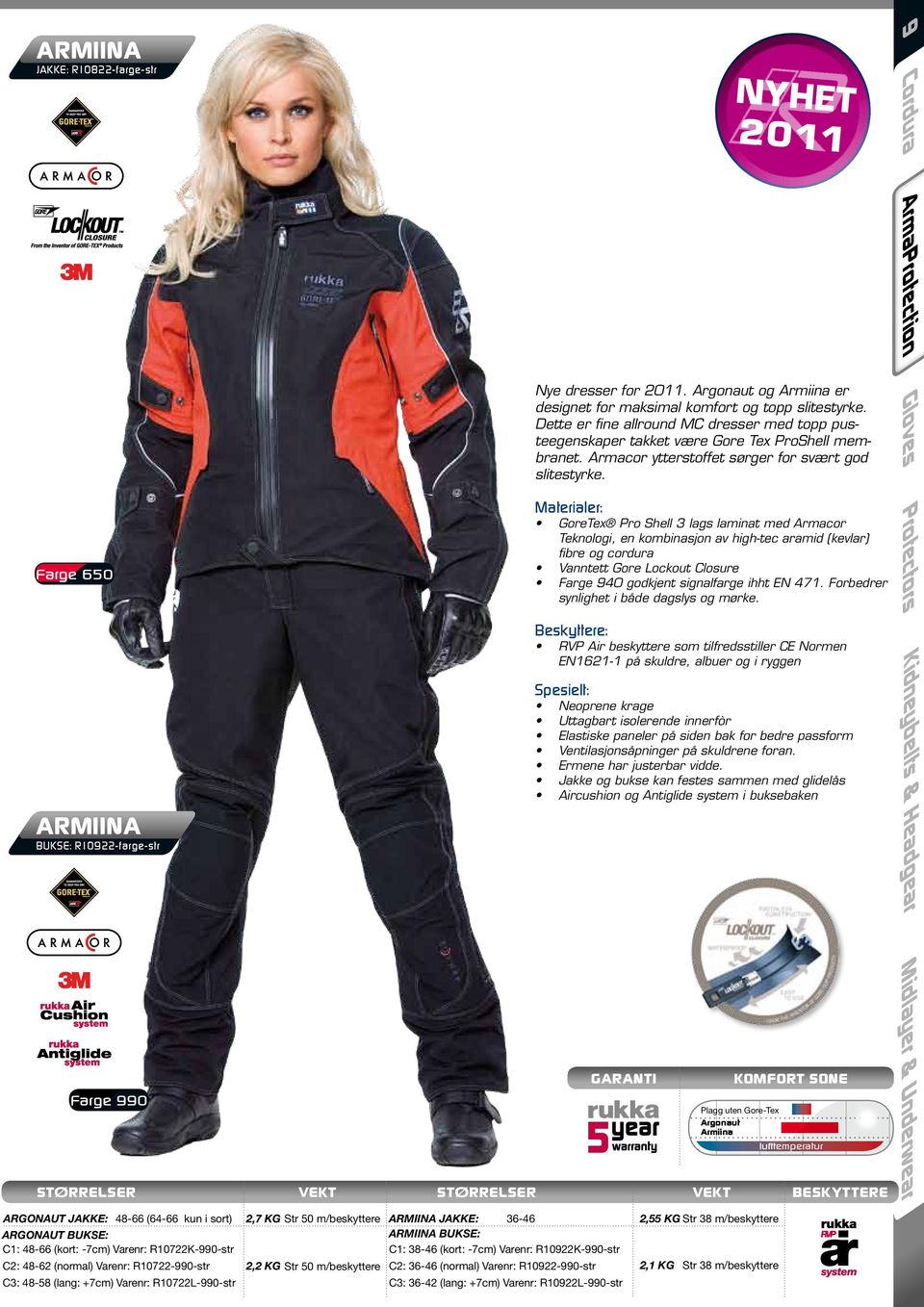 GoreTex Pro Shell 3 lags laminat med Armacor Teknologi, en kombinasjon av high-tec aramid (kevlar) fibre og cordura Vanntett Gore Lockout Closure Farge 940 godkjent signalfarge ihht EN 471.