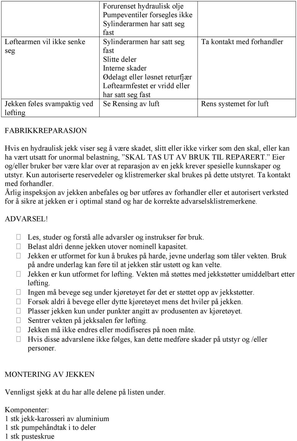 jekk viser seg å være skadet, slitt eller ikke virker som den skal, eller kan ha vært utsatt for unormal belastning, SKAL TAS UT AV BRUK TIL REPARERT.