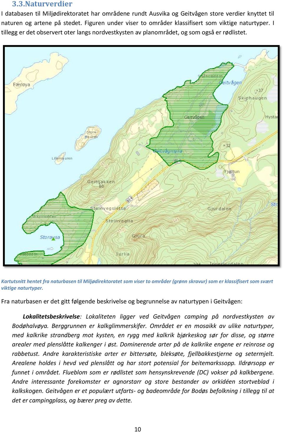 Kartutsnitt hentet fra naturbasen til Miljødirektoratet som viser to områder (grønn skravur) som er klassifisert som svært viktige naturtyper.