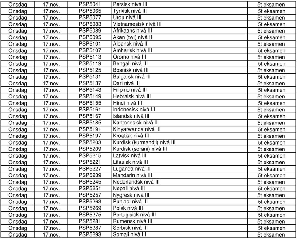 nov. PSP5113 Oromo nivå III 5t eksamen Onsdag 17.nov. PSP5119 Bengali nivå III 5t eksamen Onsdag 17.nov. PSP5125 Bosnisk nivå III 5t eksamen Onsdag 17.nov. PSP5131 Bulgarsk nivå III 5t eksamen Onsdag 17.