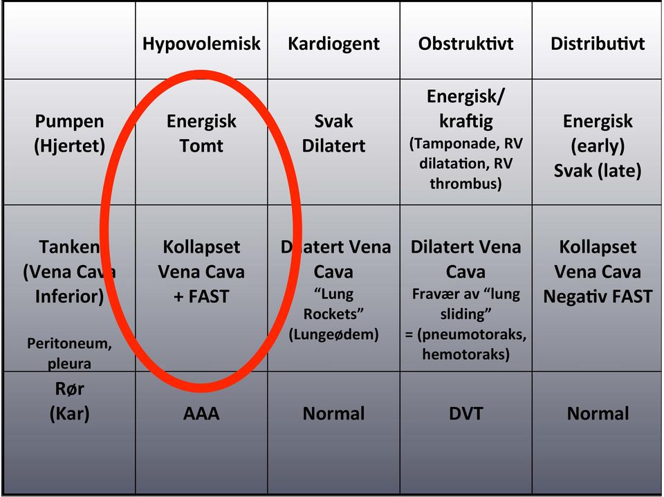 Peritoneum, pleura Kollapset Vena Cava + FAST Dilatert Vena Cava Lung Rockets (Lungeødem) Dilatert Vena