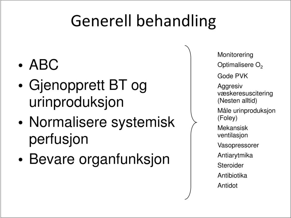 Gode PVK Aggresiv væskeresuscitering (Nesten alltid) Måle urinproduksjon