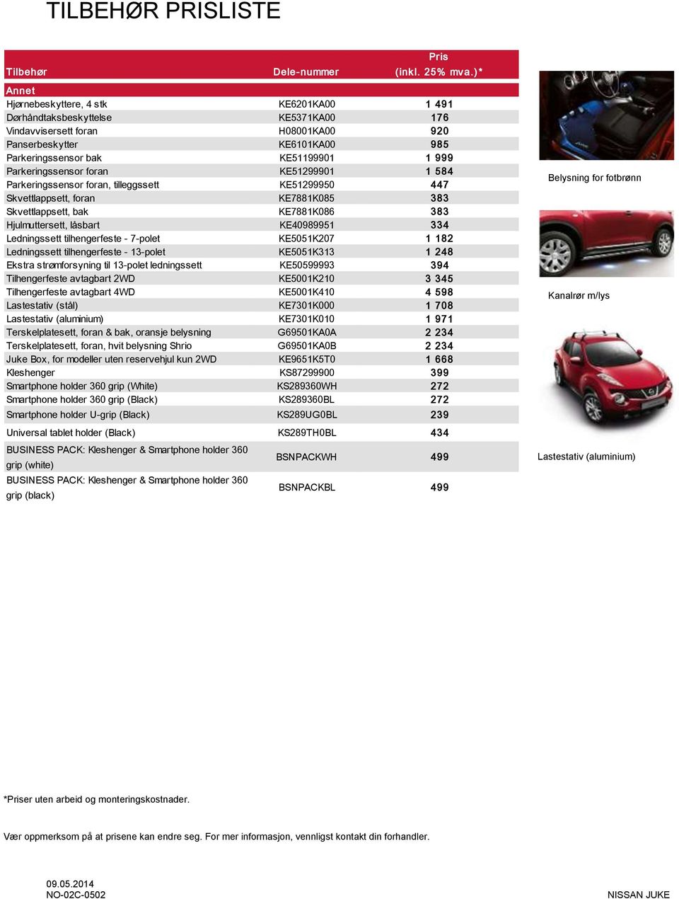 Parkeringssensor foran KE51299901 1 584 Parkeringssensor foran, tilleggssett KE51299950 447 Skvettlappsett, foran KE7881K085 383 Skvettlappsett, bak KE7881K086 383 Hjulmuttersett, låsbart KE40989951