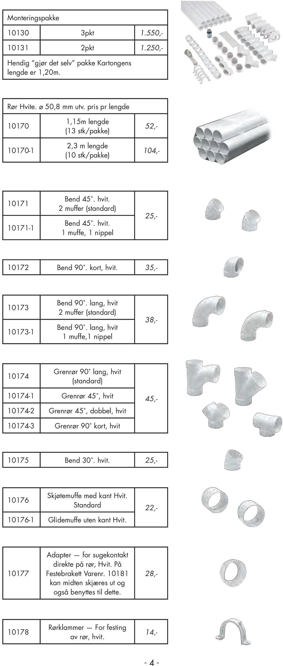 lang, hvit 2 muffer (standard) Bend 90. lang, hvit 1 muffe,1 nippel 45,- 38,- 10174 Grenrør 90 lang, hvit (standard) 10174-1 Grenrør 45, hvit 10174-2 Grenrør 45, dobbel, hvit 10175 Bend 30. hvit. 25,- 10174-3 Grenrør 90 kort, hvit 10176 Skjøtemuffe med kant Hvit.