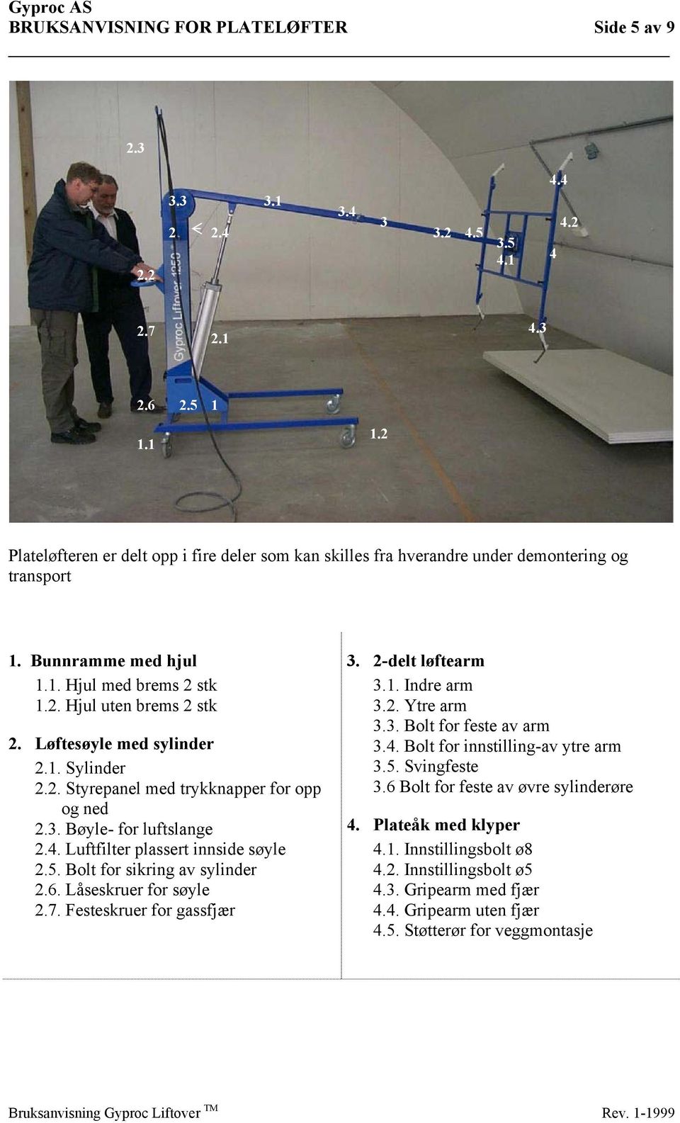 Løftesøyle med sylinder 2.1. Sylinder 2.2. Styrepanel med trykknapper for opp og ned 2.3. Bøyle- for luftslange 2.4. Luftfilter plassert innside søyle 2.5. Bolt for sikring av sylinder 2.6.