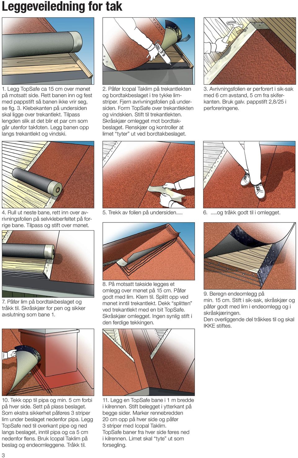 Påfør Icopal Taklim på trekantlekten og bordtakbeslaget i tre tykke lim striper. Fjern avrivningsfolien på undersiden. Form TopSafe over trekantlekten og vindskien. Stift til trekantlekten.