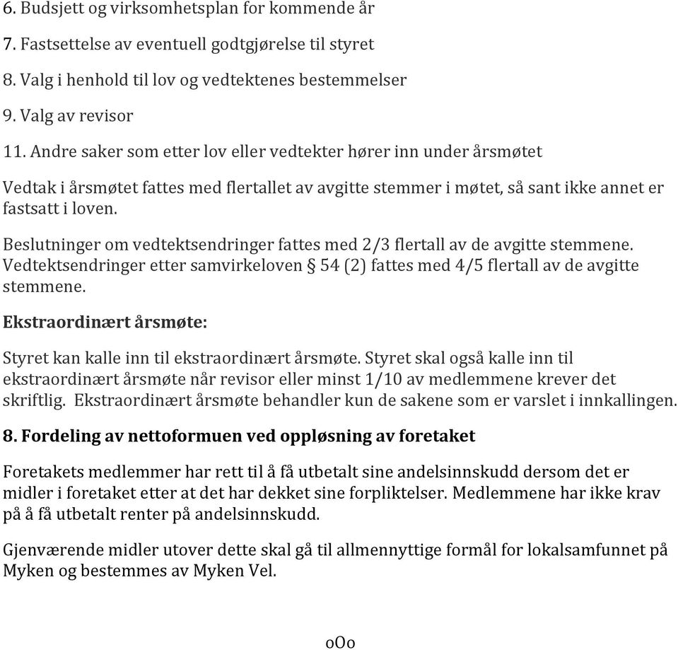 Beslutninger om vedtektsendringer fattes med 2/3 flertall av de avgitte stemmene. Vedtektsendringer etter samvirkeloven 54 (2) fattes med 4/5 flertall av de avgitte stemmene.