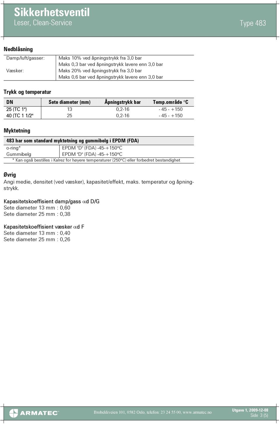 område C 25 (TC 1") 13 0,2-16 - 45 - +150 40 (TC 1 1/2" 25 0,2-16 - 45 - +150 Myktetning 483 har som standard myktetning og gummibelg i EPDM (FDA) o-ring* EPDM "D" (FDA) -45-+150 C Gummibelg EPDM "D"