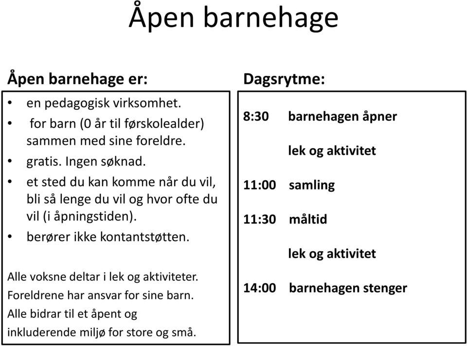 berører ikke kontantstøtten. Alle voksne deltar i lek og aktiviteter. Foreldrene har ansvar for sine barn.