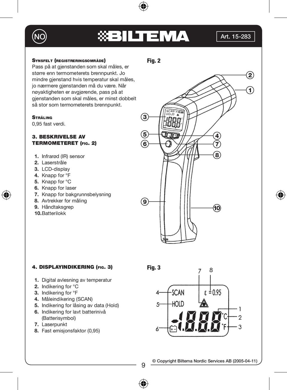 2) 1. Infrarød (IR) sensor 2. Laserstråle 3. LCD-display 4. Knapp for F 5. Knapp for C 6. Knapp for laser 7. Knapp for bakgrunnsbelysning 8. Avtrekker for måling 9. Håndtaksgrep 10.