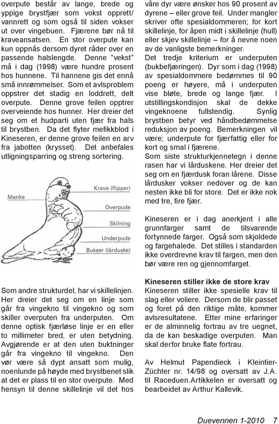 Som et avlsproblem oppstrer det stadig en loddrett, delt overpute. Denne grove feilen opptrer overveiende hos hunner. Her dreier det seg om et hudparti uten fjær fra hals til brystben.