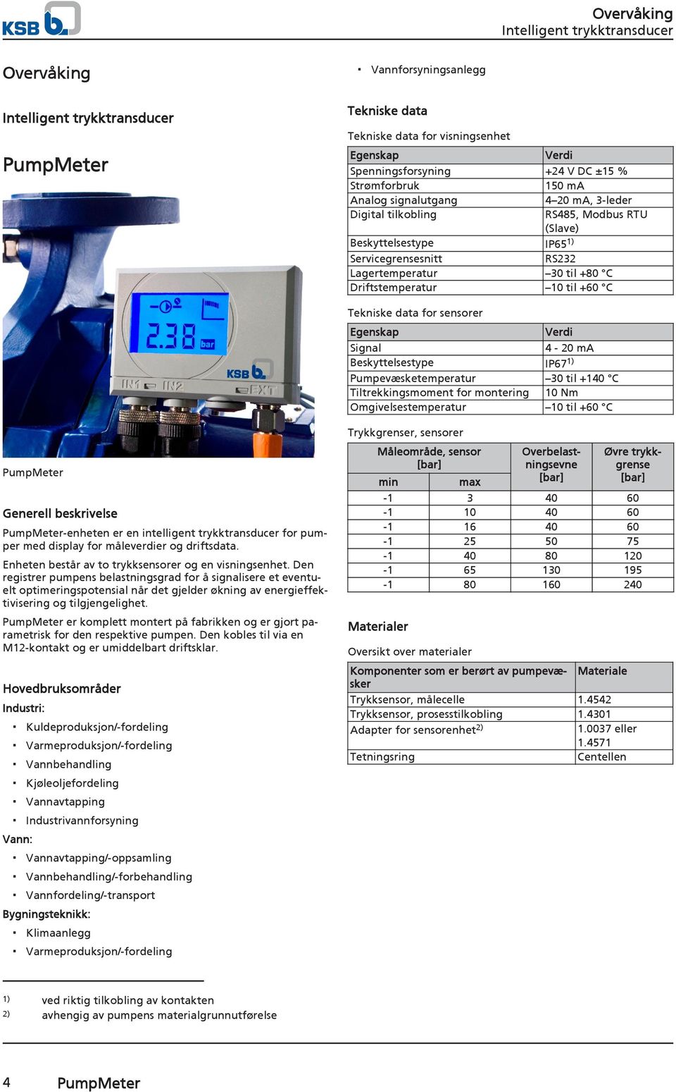 Signal Beskyttelsestype Pumpevæsketemperatur Tiltrekkingsmoment for montering Omgivelsestemperatur Verdi 4-20 ma IP671) 30 til +140 C 10 Nm 10 til +60 C Trykkgrenser, sensorer PumpMeter Generell