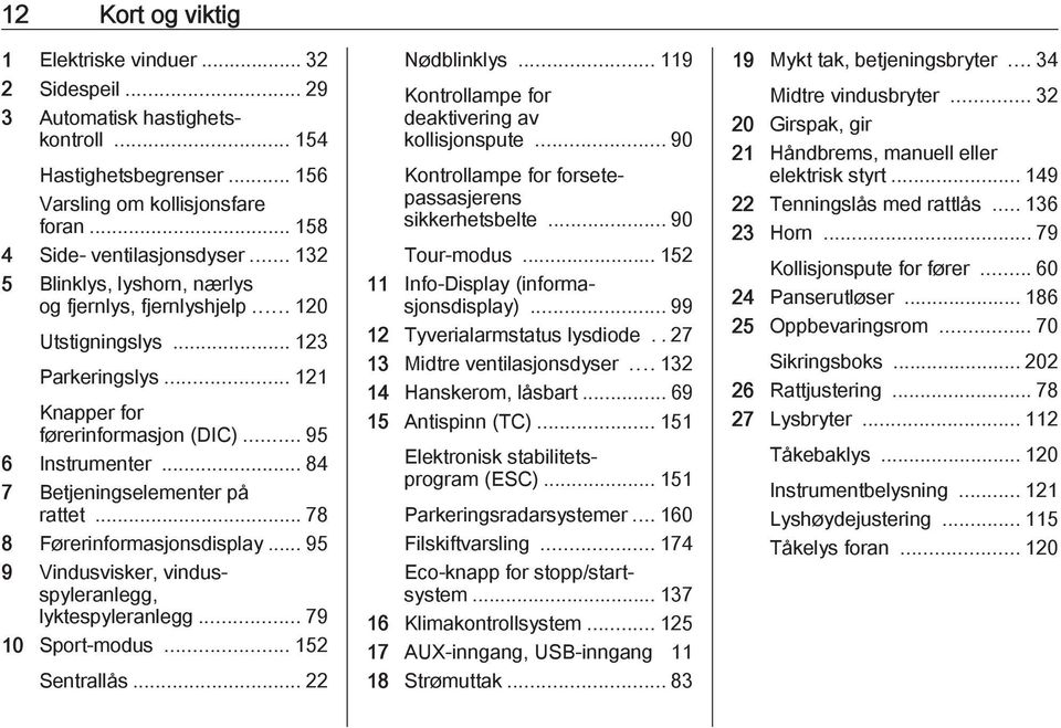 .. 84 7 Betjeningselementer på rattet... 78 8 Førerinformasjonsdisplay... 95 9 Vindusvisker, vindusspyleranlegg, lyktespyleranlegg... 79 10 Sport-modus... 152 Sentrallås... 22 Nødblinklys.