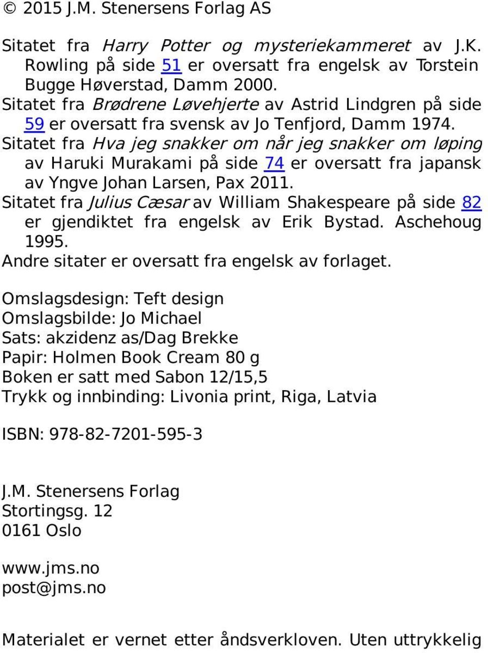 Sitatet fra Hva jeg snakker om når jeg snakker om løping av Haruki Murakami på side 74 er oversatt fra japansk av Yngve Johan Larsen, Pax 2011.