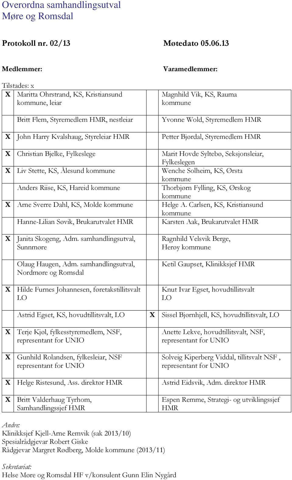 Stette, KS, Ålesund kommune Anders Riise, KS, Hareid kommune X Arne Sverre Dahl, KS, Molde kommune Hanne-Lilian Søvik, Brukarutvalet HMR X Janita Skogeng, Adm.