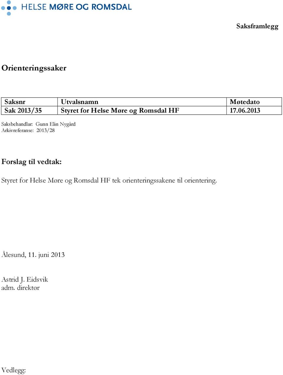 2013 Saksbehandlar: Gunn Elin Nygård Arkivreferanse: 2013/28 Forslag til vedtak: