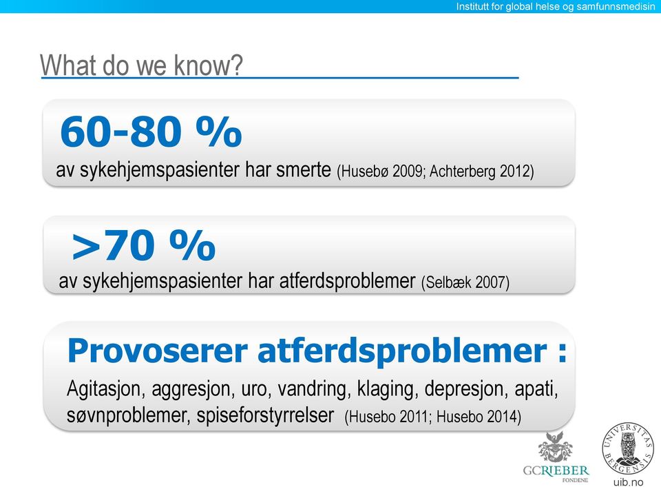 % av sykehjemspasienter har atferdsproblemer (Selbæk 2007) Provoserer