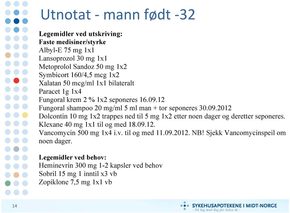 12 Fungoral shampoo 20 mg/ml 5 ml man + tor seponeres 30.09.2012 Dolcontin 10 mg 1x2 trappes ned til 5 mg 1x2 etter noen dager og deretter seponeres.