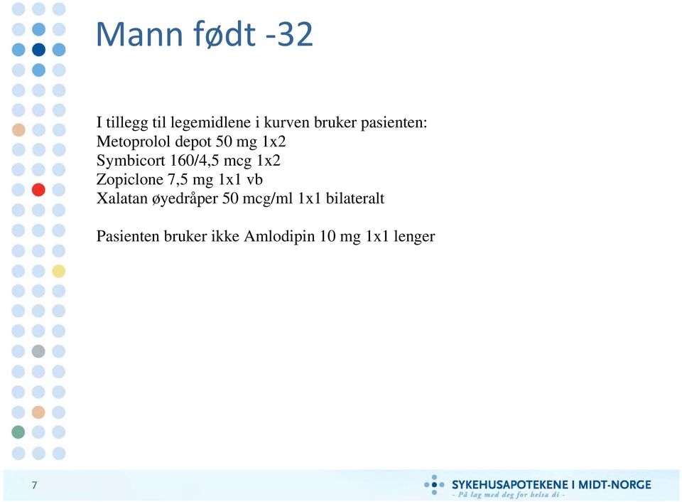 mcg 1x2 Zopiclone 7,5 mg 1x1 vb Xalatan øyedråper 50