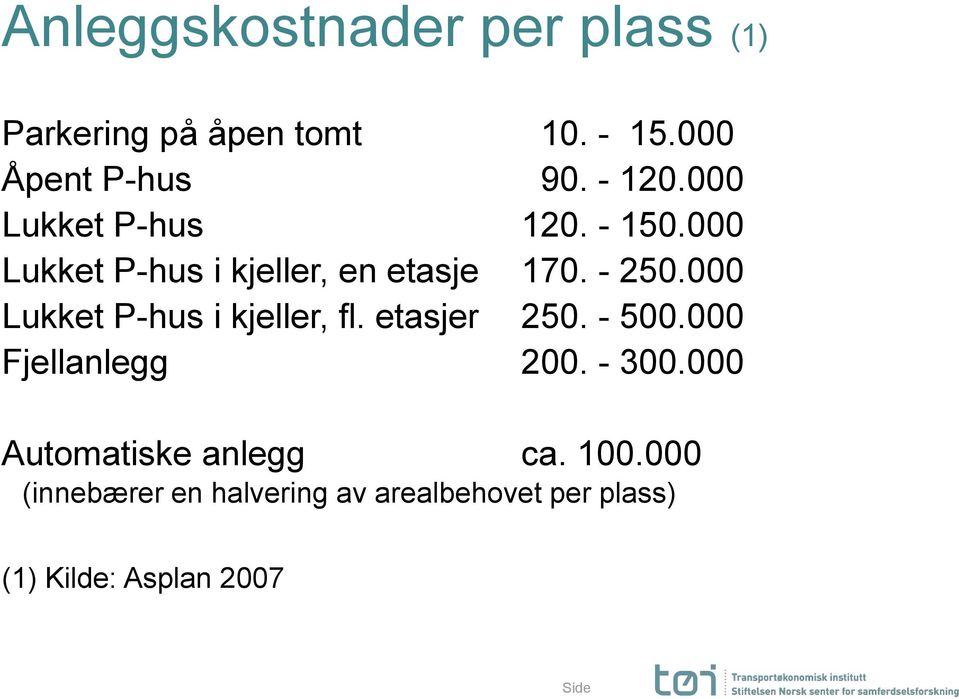 000 Lukket P-hus i kjeller, fl. etasjer 250. - 500.000 Fjellanlegg 200. - 300.
