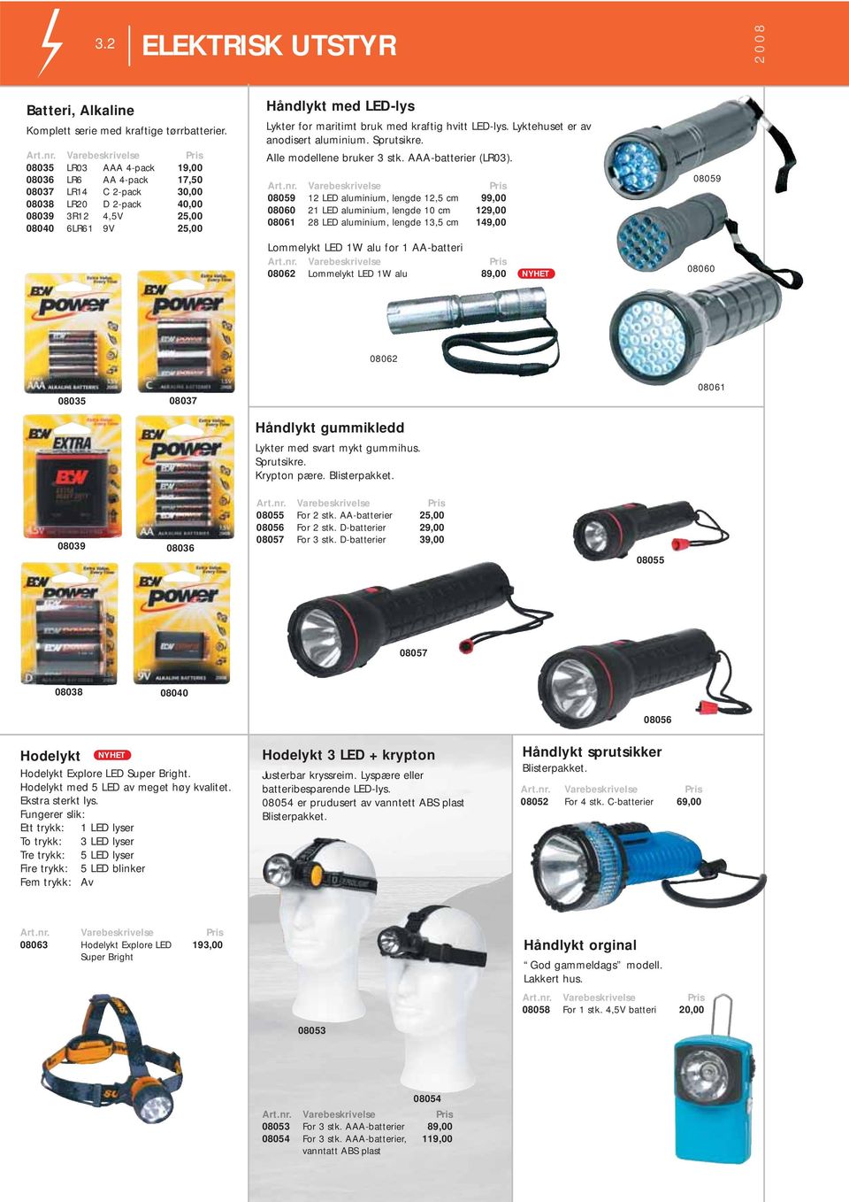 kraftig hvitt LED-lys. Lyktehuset er av anodisert aluminium. Sprutsikre. Alle modellene bruker 3 stk. AAA-batterier (LR03).