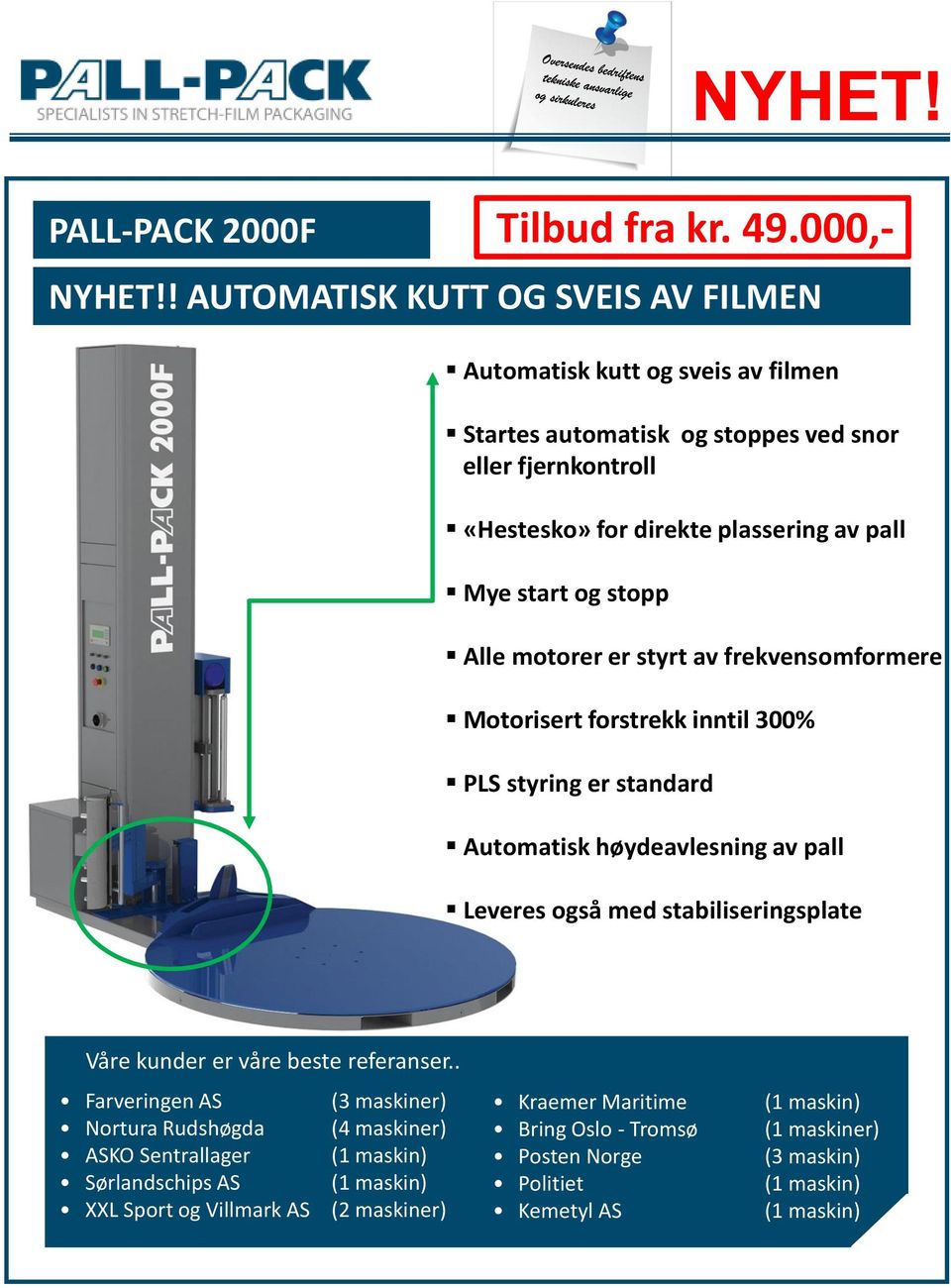 pall Mye start og stopp Alle motorer er styrt av frekvensomformere Motorisert forstrekk inntil 300% PLS styring er standard NYHET!