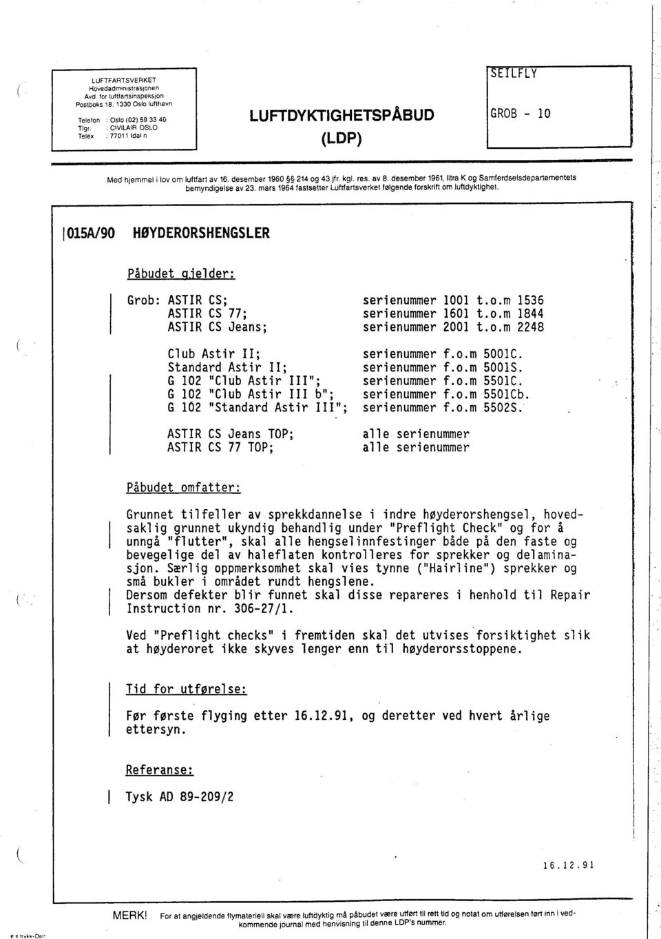 litra K og Samferdselsdepartementets bemyndigelse av 23. mars 1964 fastsetter Luftfartsverket følgende forskrift om luftdyktighet. I015A190 HØVDERORSHENGSLER Påbudet Q.