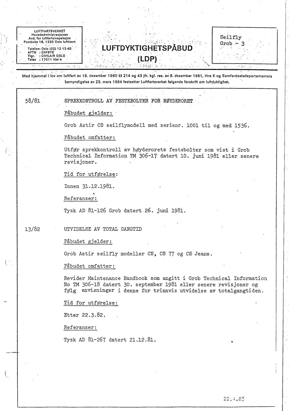 kglres.liv B. desember 1961,litra K og Samferds~lsdepartementets bemyndigelse av 23. mars 1964 fastsetter Luftartsverket følgende forskrift om luftdyktighet.