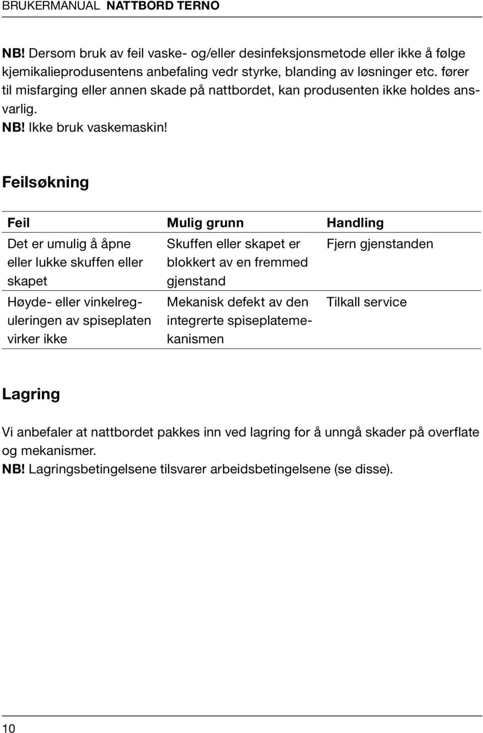 Feilsøkning Feil Mulig grunn Handling Det er umulig å åpne eller lukke skuffen eller skapet Skuffen eller skapet er blokkert av en fremmed gjenstand Fjern gjenstanden Høyde- eller