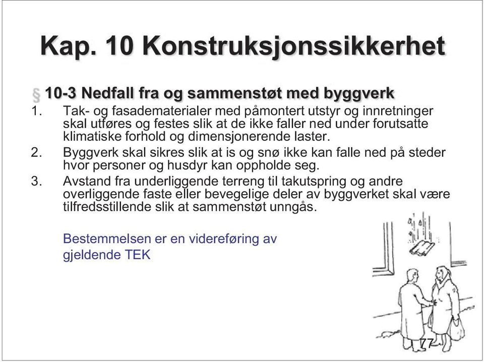 og dimensjonerende laster. 2. Byggverk skal sikres slik at is og snø ikke kan falle ned på steder hvor personer og husdyr kan oppholde seg. 3.