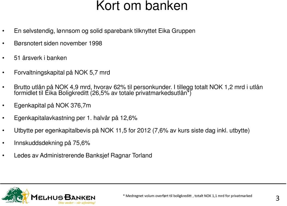 I tillegg totalt NOK 1,2 mrd i utlån formidlet til Eika Boligkreditt (26,5% av totale privatmarkedsutlån*) Egenkapital på NOK 376,7m