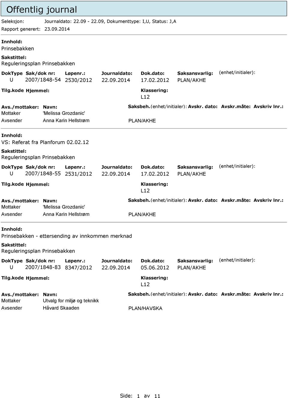 02.2012 LAN/AKHE L12 Mottaker 'Melissa Grozdanic' Anna Karin Hellstrøm LAN/AKHE nnhold: rinsebakken - ettersending av innkommen merknad Reguleringsplan