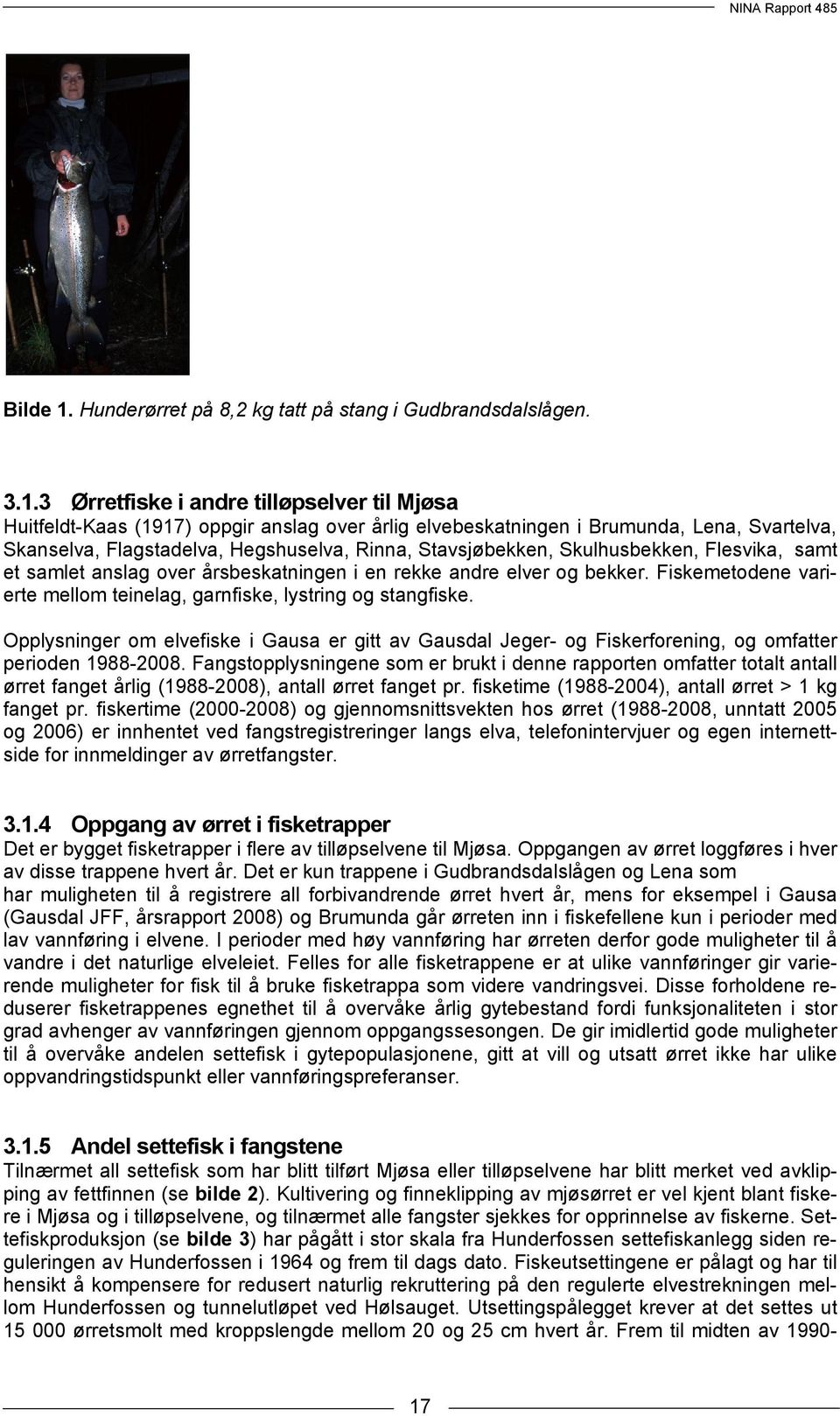 3 Ørretfiske i andre tilløpselver til Mjøsa Huitfeldt-Kaas (1917) oppgir anslag over årlig elvebeskatningen i Brumunda, Lena, Svartelva, Skanselva, Flagstadelva, Hegshuselva, Rinna, Stavsjøbekken,