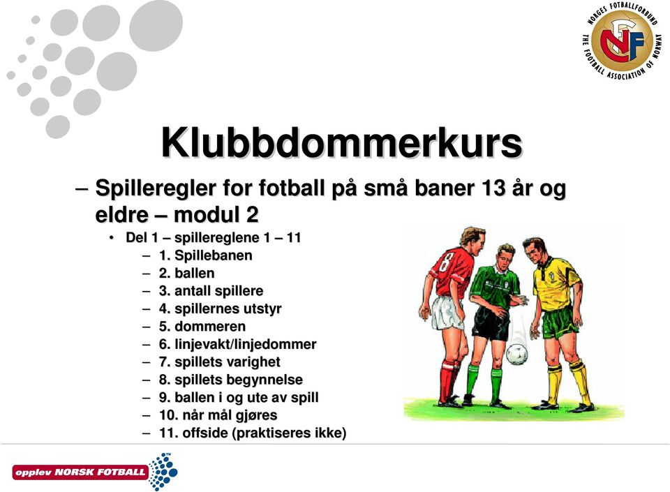 spillernes utstyr 5. dommeren 6. linjevakt/linjedommer 7. spillets varighet 8.