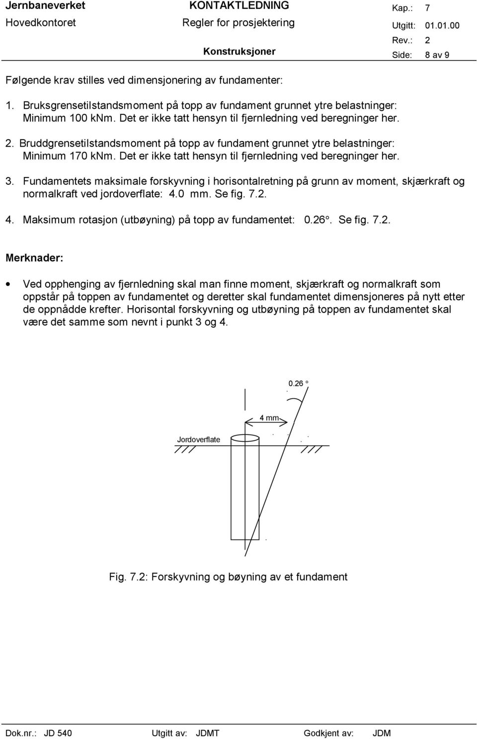 Det er ikke tatt hensyn til fjernledning ved beregninger her. 3. Fundamentets maksimale forskyvning i horisontalretning på grunn av moment, skjærkraft og normalkraft ved jordoverflate: 4.0 mm. Se fig.