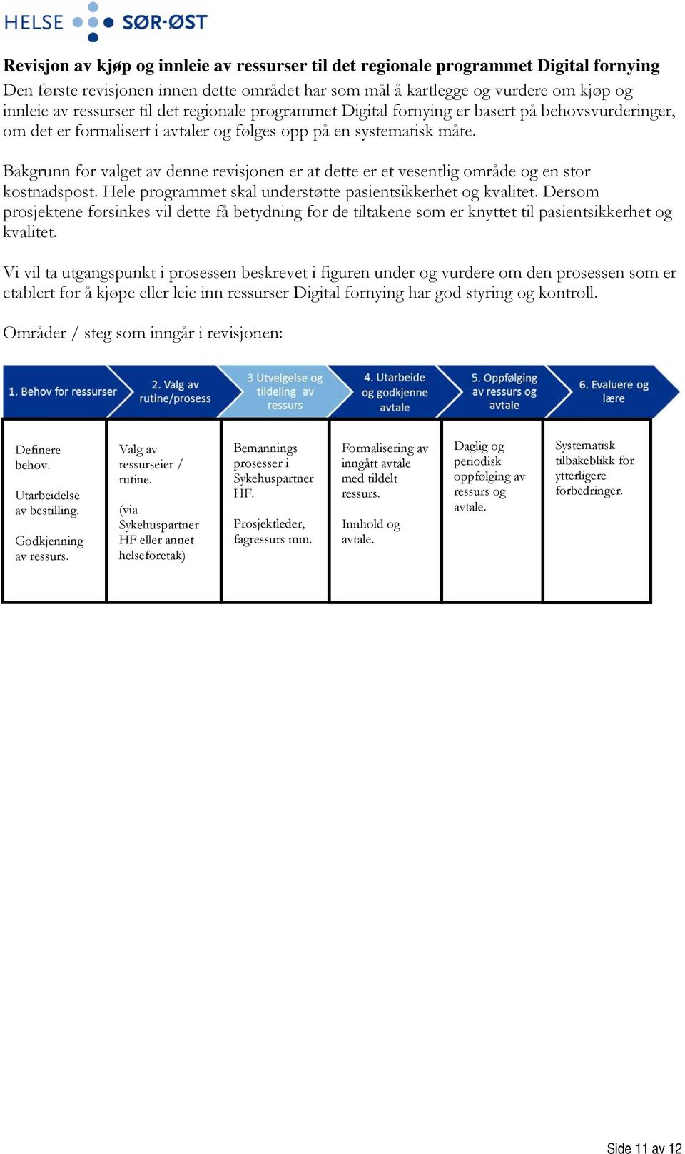 Bakgrunn for valget av denne revisjonen er at dette er et vesentlig område og en stor kostnadspost. Hele programmet skal understøtte pasientsikkerhet og kvalitet.