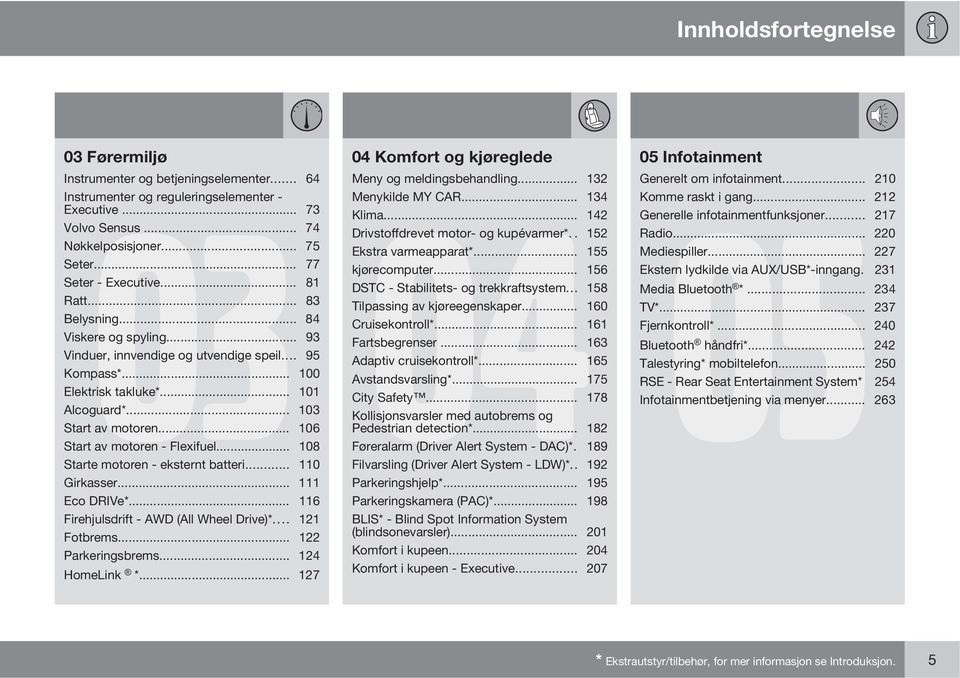 .. 103 Start av motoren... 106 Start av motoren - Flexifuel... 108 Starte motoren - eksternt batteri... 110 Girkasser... 111 Eco DRIVe*... 116 Firehjulsdrift - AWD (All Wheel Drive)*... 121 Fotbrems.