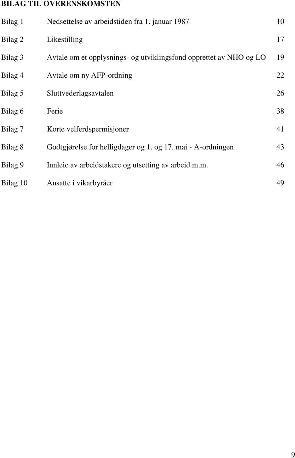 Bilag 4 Avtale om ny AFP-ordning 22 Bilag 5 Sluttvederlagsavtalen 26 Bilag 6 Ferie 38 Bilag 7 Korte velferdspermisjoner