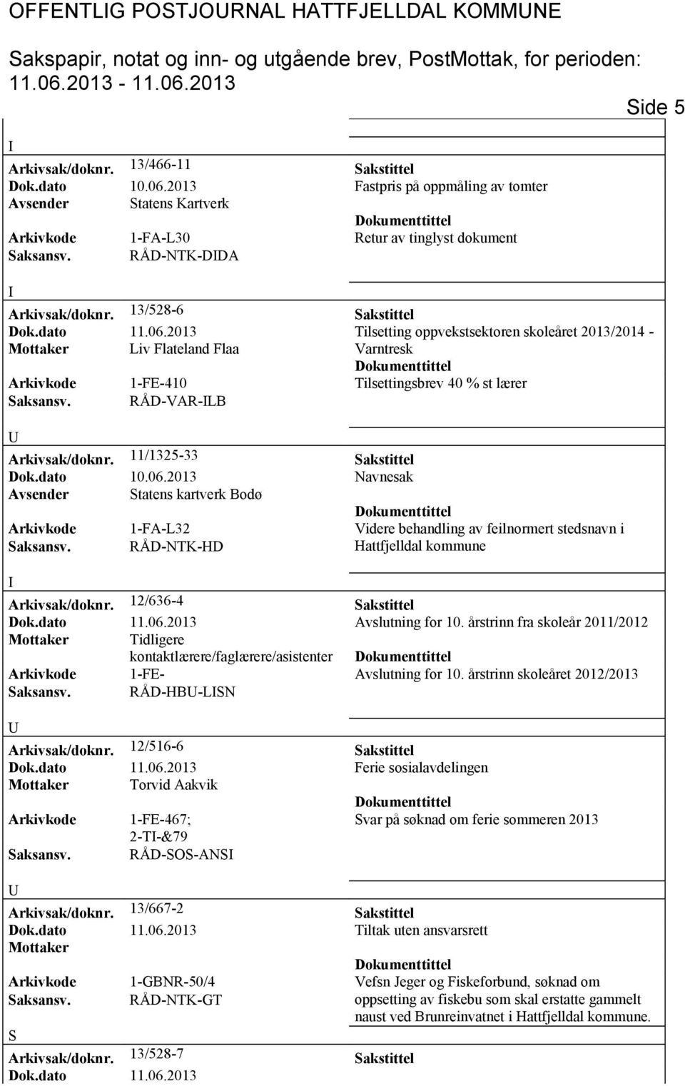 13/528-6 Sakstittel Mottaker Liv Flateland Flaa Arkivkode 1-FE-410 Tilsettingsbrev 40 % st lærer Saksansv. RÅD-VAR-LB Arkivsak/doknr. 11/1325-33 Sakstittel Dok.dato 10.06.