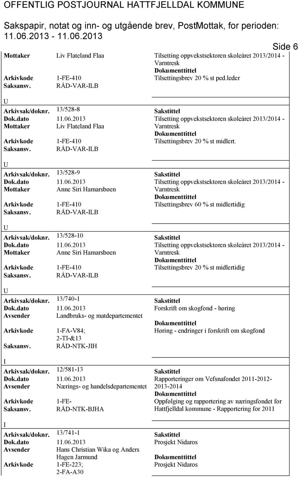 13/528-9 Sakstittel Mottaker Anne Siri Hamarsbøen Arkivkode 1-FE-410 Tilsettingsbrev 60 % st midlertidig Saksansv. RÅD-VAR-LB Arkivsak/doknr.